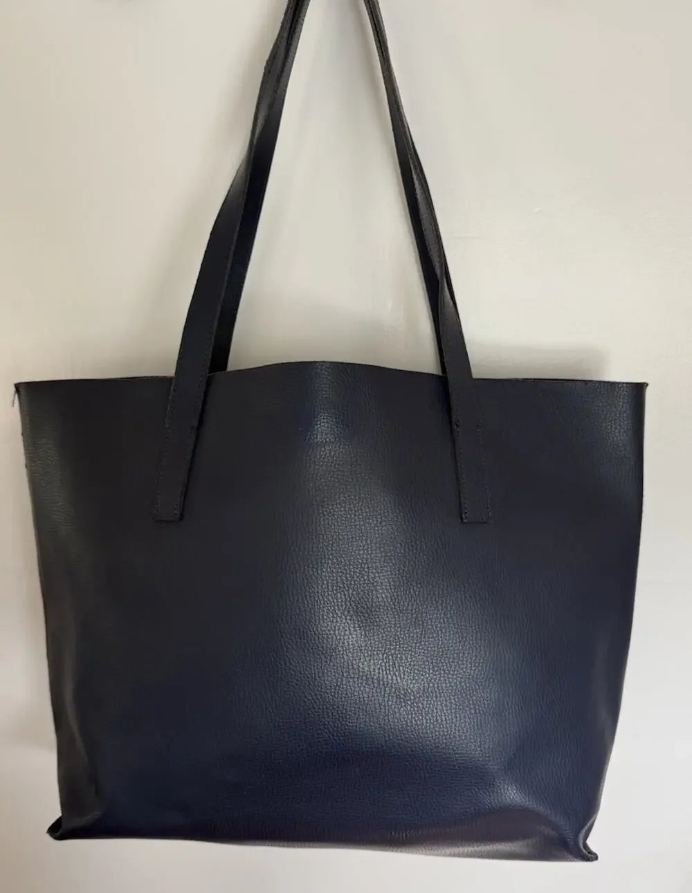 Mark & Graham Everyday Italian Leather Large Navy Tote Bag 15”x12”x8” 10” Handle